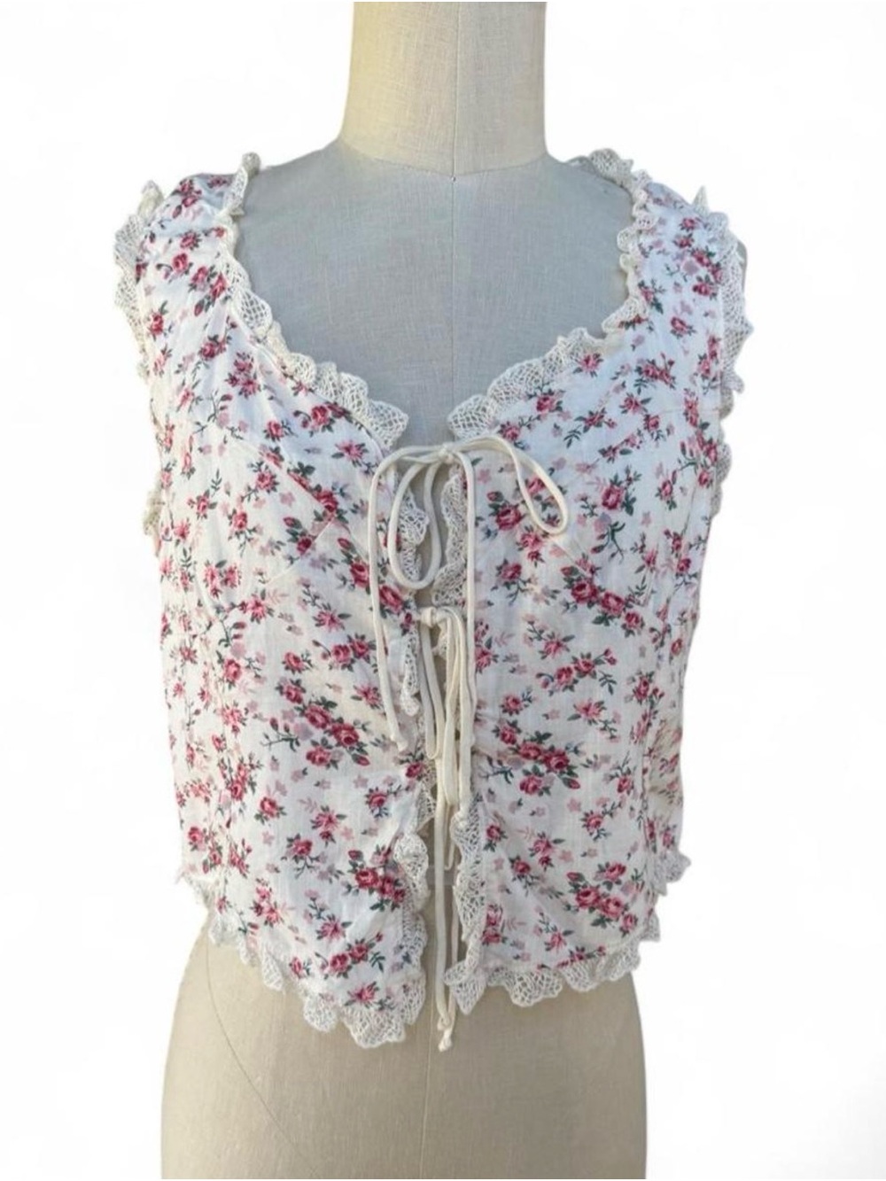 Floral Lace-Trim Corset Style Tie Linen Blend Top - Cream with Pink Floral Large